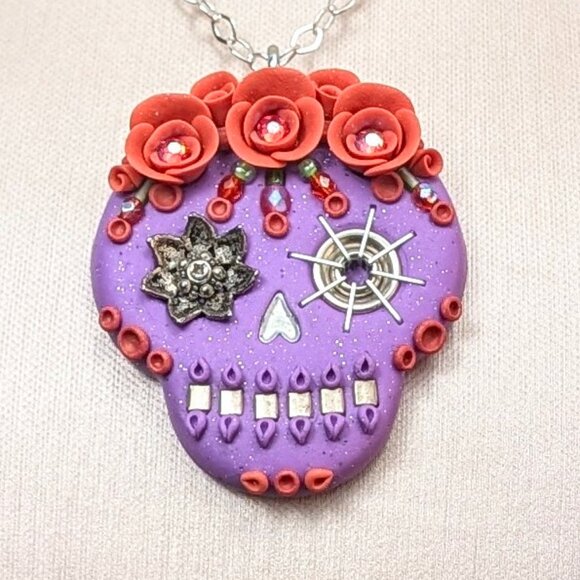 Handmade Jewelry - Artisan Polymer Clay- Large Detailed Sugar Skull/Day of the Dead Pendant